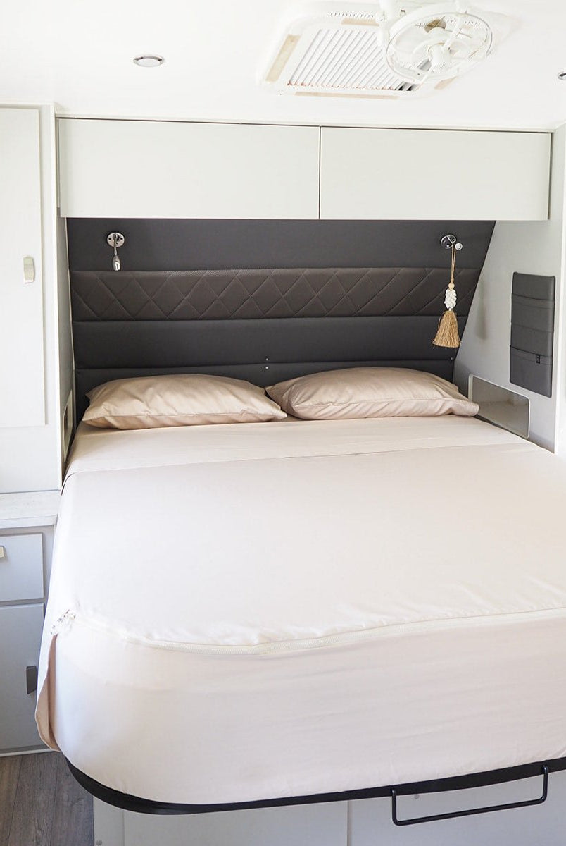 Caravan bed featuring Dune colourway sheets