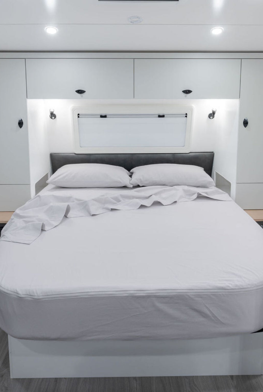 Driftwood flannelette caravan sheets on rounded caravan queen bed