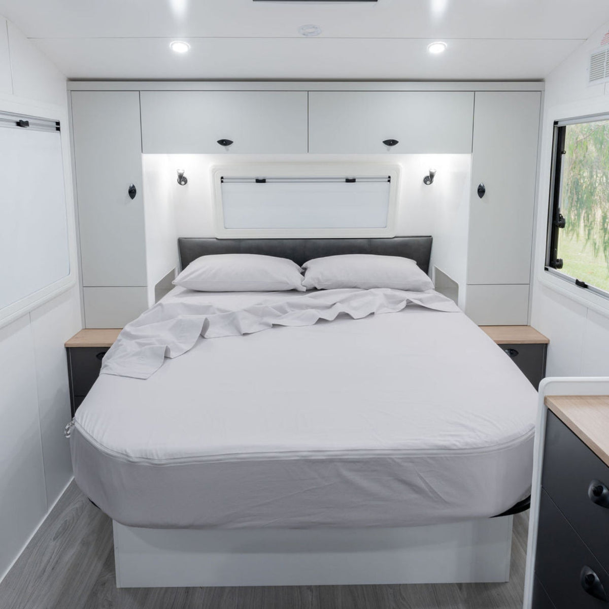 Driftwood flannelette caravan sheets on rounded caravan queen bed