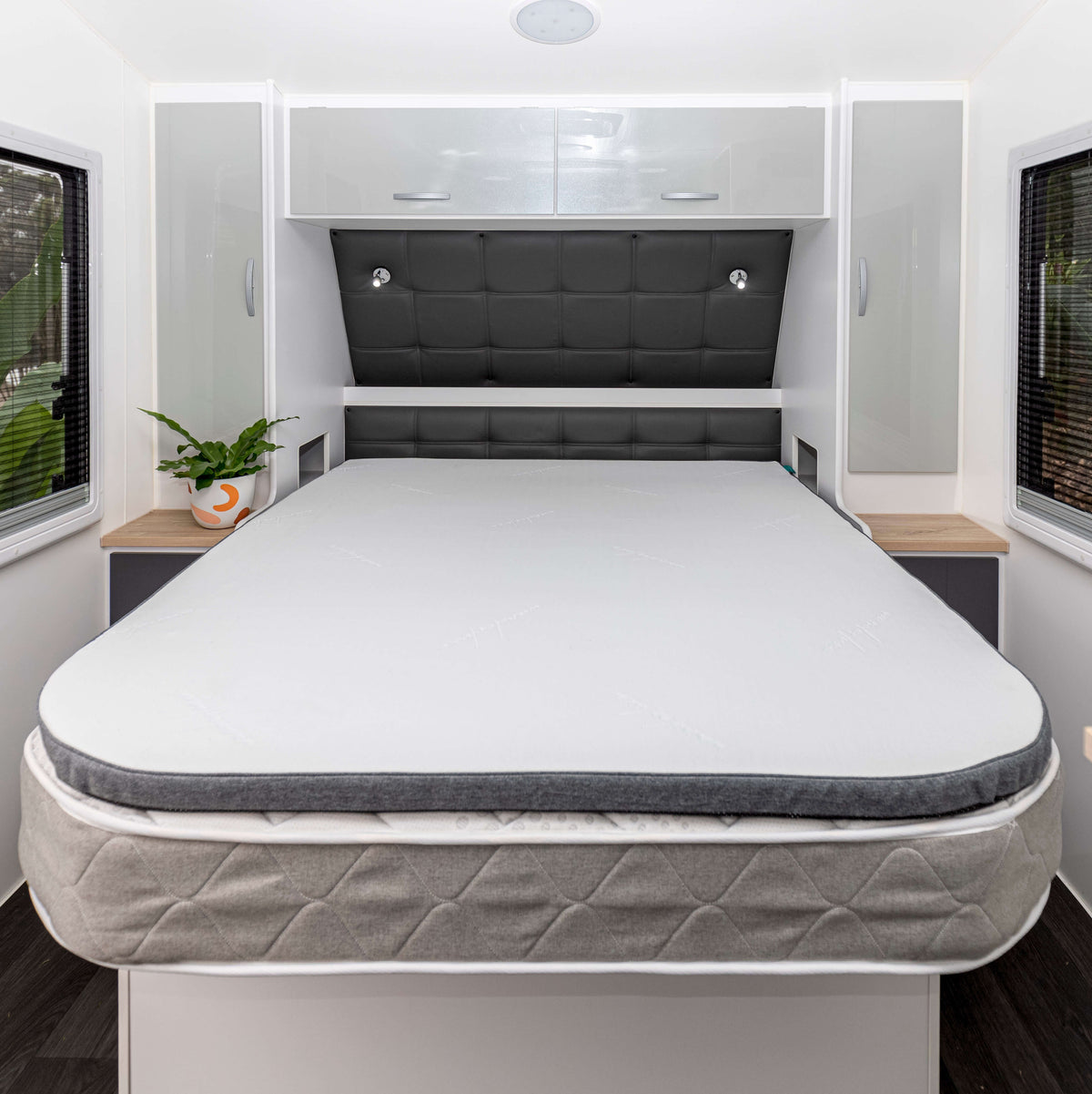 WanderLuxe memory foam mattress topper on a caravan bed