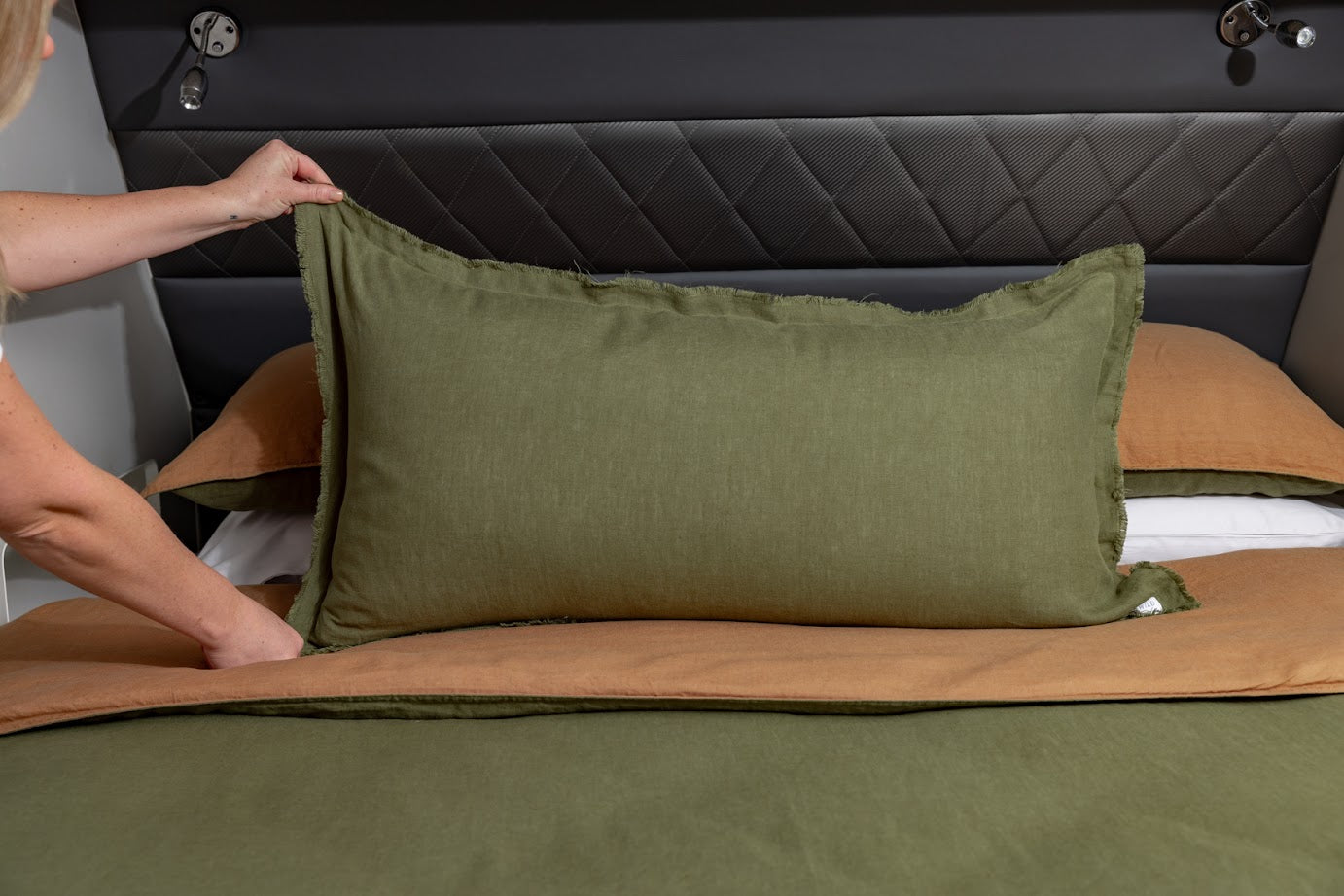 Forest Lifestyle Lumbar Cushion styled om caravan bed