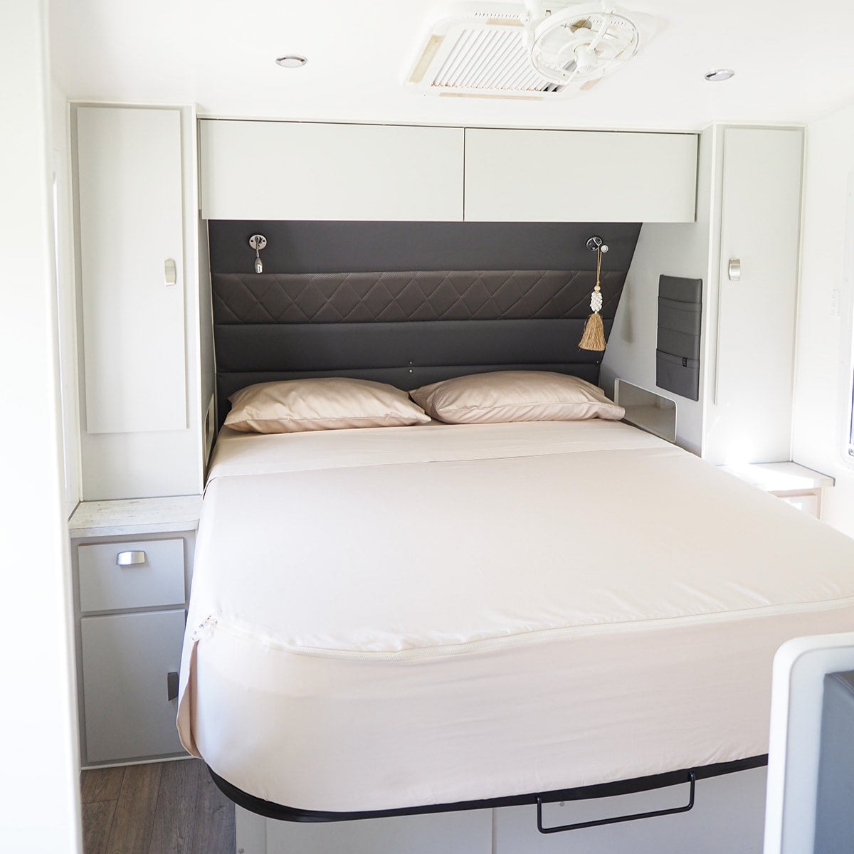 Caravan bed featuring Dune colourway sheets