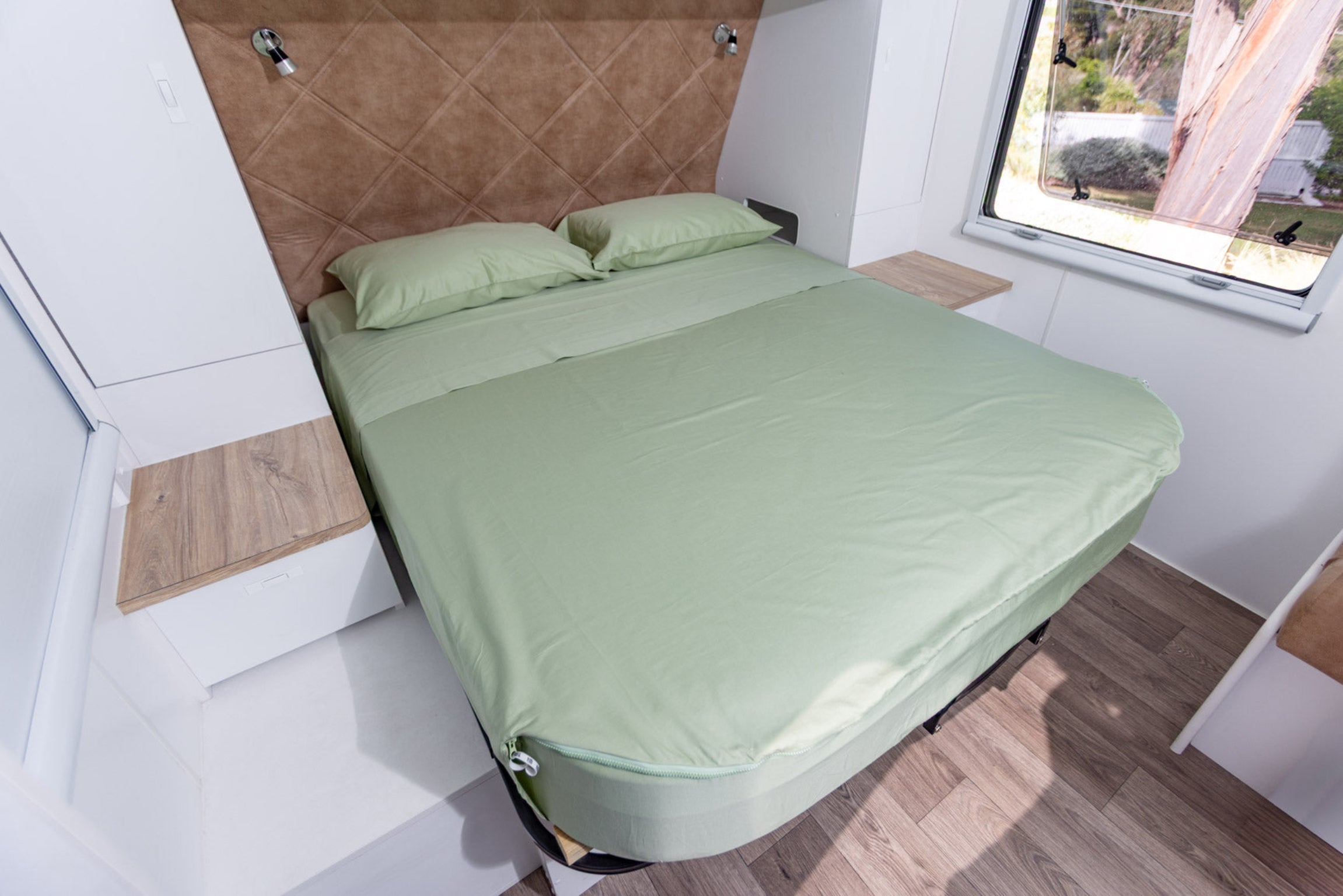 A caravan bed featuring Gum colourway