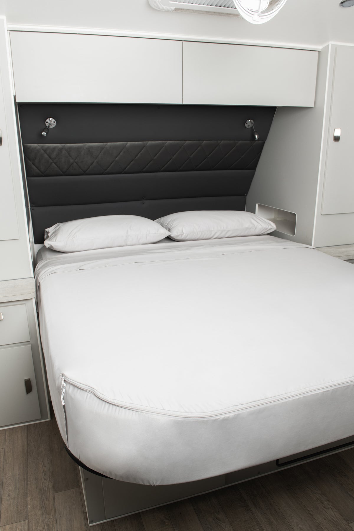 Close up of Driftwood sheet set in caravan